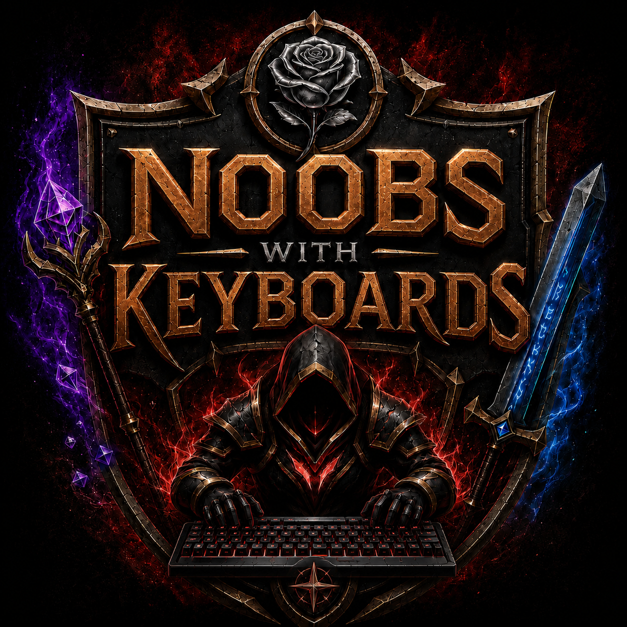 Noobs With Keyboards clan crest: an armoured figure at a keyboard, flanked by a staff and a sword